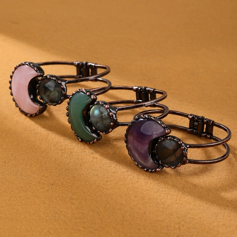 Vintage Moon Shape Crystal Bracelet Bronze Alloy Labradorite Inlaid Handmade Bangle Jewelry For Women Party Gift