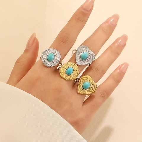 Französischer Retro Titanium Stahl Ring Mit Herz Rund Geformtem Künstlichem Türkis Stein Für Damen Verstellbar Ethno Fingerring