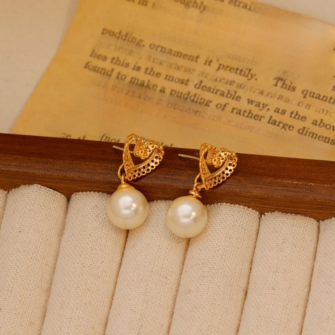 Vintage Hollow Heart Artificial Pearl Drop Earrings For Women Elegant Gold Plated Copper Jewelry With 925 Sterling Silver Post