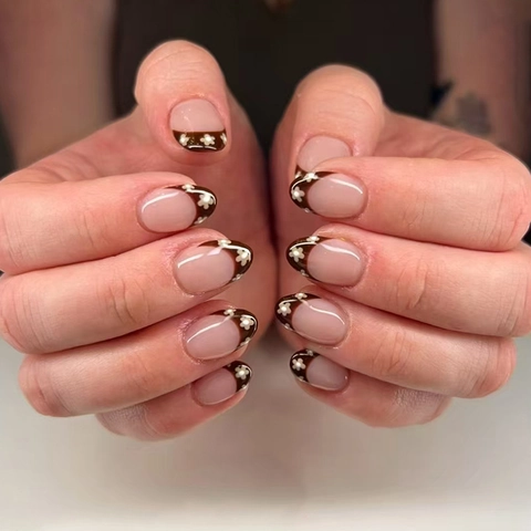 Press On Nails Almond Shape ABS Plastic Chestnut Brown French Style White Flower Full Cover Wearable Artificial