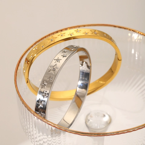 Bracciale Rigido Stella Incisa Acciaio Inossidabile Classico Chiusura Cerniera Gioielli Moda