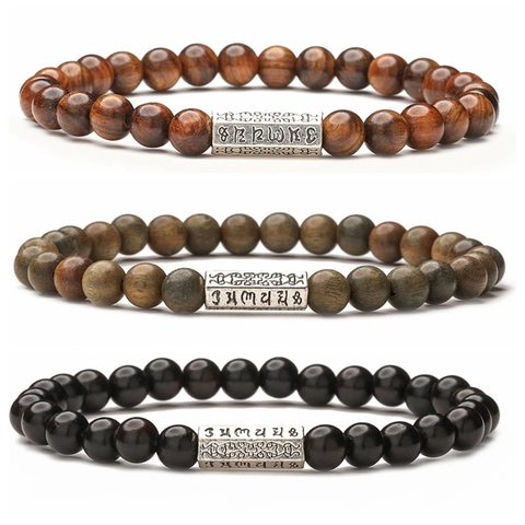 Beaded Bracelet Natural Stone And Wood Beads With Alloy Mantra Charm Ethnic Vintage Elastic Wristband Women Men