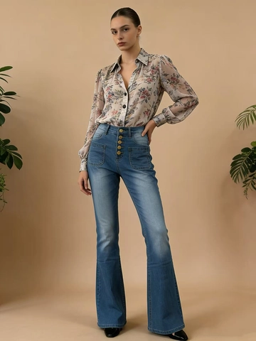 Vaqueros Acampanados De Cintura Alta Denim Pantalones De Campana Cierre De Botones Múltiples Corte Ajustado Vintage Retro Mujer