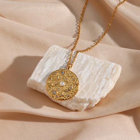 Collana Con Ciondolo A Moneta Rotonda In Acciaio Inossidabile Con Zirconia Perla Artificial Stella Luna Gioielli Donna Moda Vintage Oro