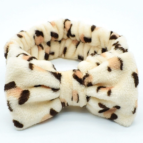Plush Leopard Print Bow Headband Coral Velvet Soft Elastic Hair Band For Washing Face Makeup Skincare Spa Women Girls
