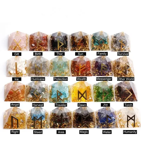 Generatore Energia Piramide Orgone Resina Pietre Cristallo Naturali Foglia Oro Simboli Runici Decorazione Scrivania Ufficio Fatto Mano