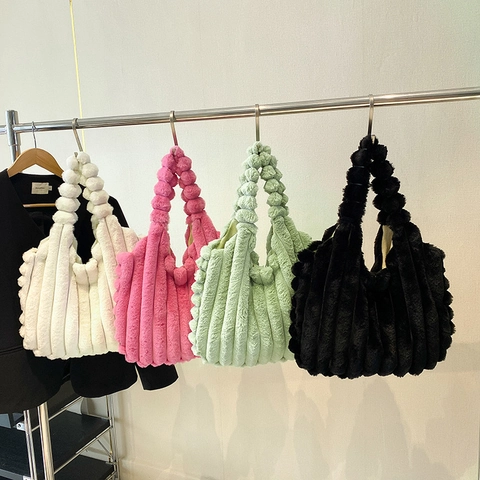 Plüsch Tote Bag Kunstfell Schultertasche Vertikal Gestreift Bubble Griff Große Kapazität Winter Trendy Damen Tasche