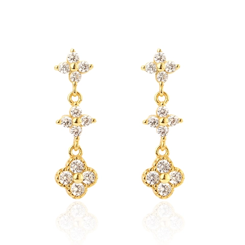 Orecchini Pendenti In Argento Sterling 925 Triplo Quadrifoglio Fiore Con Zirconi Scintillanti Gioielli