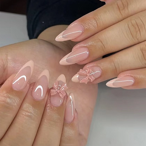 Uñas Postizas Press On French Tip Rosa Forma Almendra Con Lazo 3D Uñas Artificiales Dulce Elegante Brillante ABS Nail Art