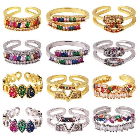 Bague Géométrique En Zircon Laiton Plaqué Or 18K Strass Colorés Design Ouvert Réglable Bijoux De Luxe Pour Femmes