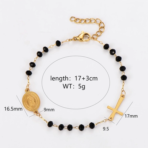 Pulsera Rosario Acero Inoxidable 304 Cuentas Facetadas Negras Cruz Virgen María Joyas Religiosas Ajustable Para Mujeres Hombres
