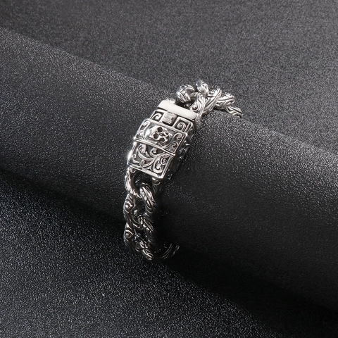 Bracciale Da Uomo In Acciaio Inossidabile Vintage Gotico Motivo Intagliato Catena Grumet Interallacciata Chiusura A Teschio Gioielli Punk Rock