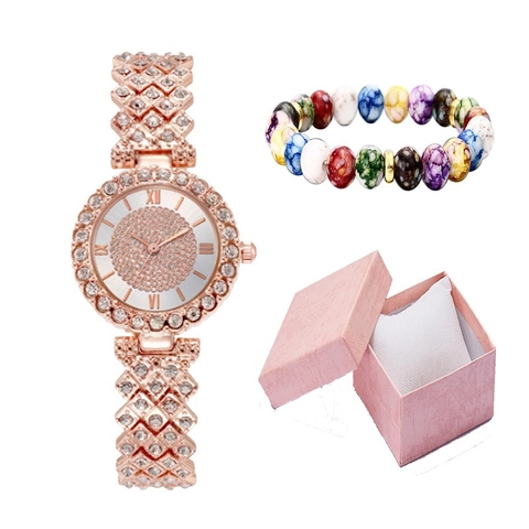 Elegant Women Fashion Rhinestone Quartz Watch Set Roman Numeral Dial Alloy Strap Bracelet Matching Gift Box Stylish Wristwatch