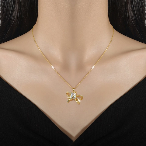 Bowknot Jewelry Necklace And Earrings With Zircon Titanium Steel Copper Silver Earring Post Elegant For Women