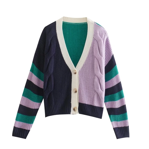 Damen Strickjacke V-Ausschnitt Farbblock Knopfleiste Langarm Grobstrick Gestreifter Pullover Retro Preppy Top
