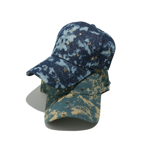 Cappello Da Baseball Cotone Denim Stampa Oro Stella Luna Tie Dye Gradiente Cappello Da Sole Regolabile Streetwear Donna Uomo