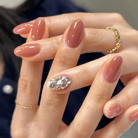 Press On Nails Brick Red Glitter Silver Rhinestone Oval Short Artificial Fake Nails For Daily Wear