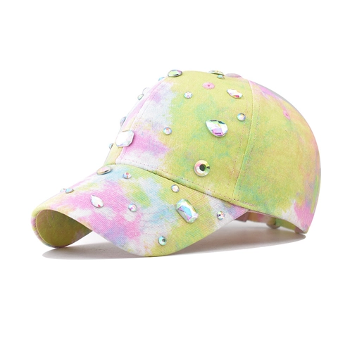 Fashion Rhinestone Studded Tie Dye Baseball Cap Cotton Breathable Adjustable Sunshade Casual Hat