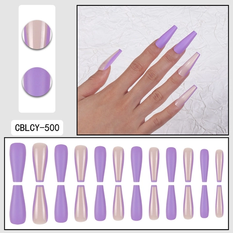 Unghie Finte Lunghe Coffin Press On ABS Viola Opaco Design Linea Laterale Francese Unghie Artificiali Per Donne