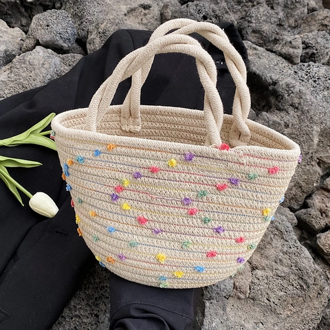 Women Handwoven Straw Bucket Handbag Bohemian Summer Beach Tote With Colorful Pompoms And Cotton Rope Handles Small Basket