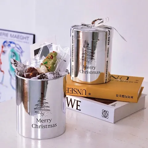 Weihnachten Zylindrische Geschenkbox Silber Spiegelglanz Rund Blumenarrangement Behälter Party Deko