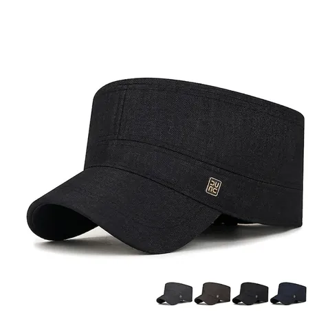Herren Cadet Cap Militärmütze Polyester Baumwolle Twill Verstellbare Metallschnalle Business Casual Vintage Flache Oberseite Sonnenhut