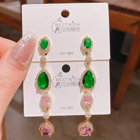 Orecchini Lunghi Pendenti In Zirconia Cubica Smeraldo Rosa Con Perno In Argento Sterling 925 Rame Lusso Per Donne
