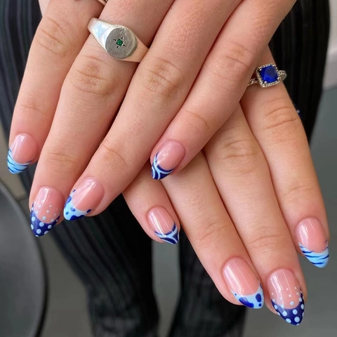 Unghie Finte A Pressione Blu Fresco Sale Marino A Pois Linee Ondulate Forma Mandorla ABS Lucide Per Donne