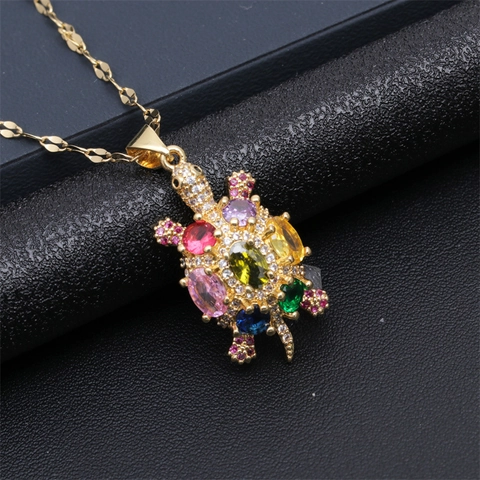 Collana Pendente Tartaruga Marina Rame Zircone Colorato Smalto Stile Oceano Gioielli Animali Donne