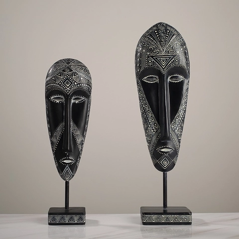 African Tribal Mask Sculpture Hand Painted Resin Vintage Geometric Pattern Desktop Ornament Home Decor Art Statue