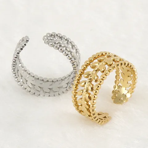 Hohl Blatt Offener Ring Für Damen Französisch Retro Verstellbar 18K Vergoldet Titanstahl Perlenrand Schmuck