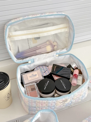 Borsa Da Toilette E Astuccio Trapuntata Cotone Motivo Cuore Scacchi Grande Capacità Portatile Viaggio Organizzatore Trucco Stile Dolce