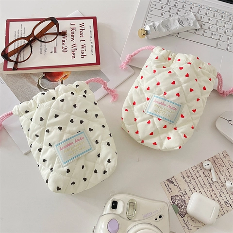 Gesteppte Aufbewahrungstasche Mit Herzmuster Kordelzug Stoßfeste Kameratasche Reise Kosmetik Organizer Kawaii Ästhetik