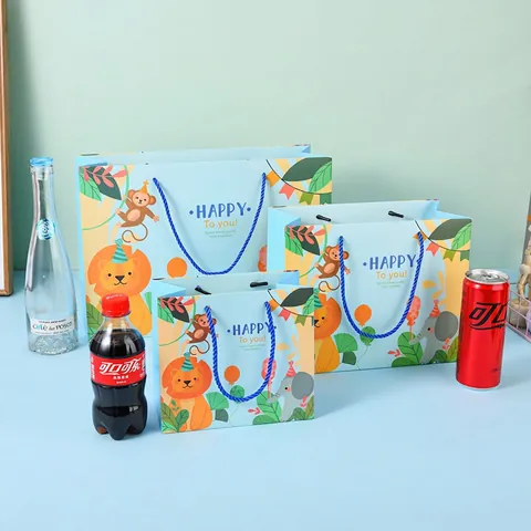Cartoon Animal Paper Gift Bags Woven Handle White Cardboard Birthday Party Favor Bags For Kids Childrens Day Pink Blue