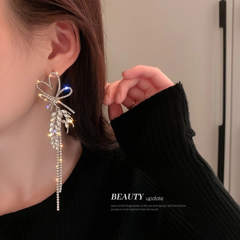 Rhinestone Tassel Earrings With 925 Sterling Silver Earring Post Heart Bow Wheat Design Elegant Long Drop Statement