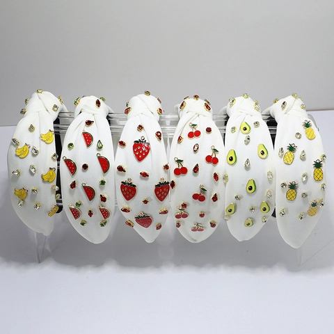 Knotted Wide Headband Fabric With Alloy Fruit Charms And Rhinestones Fashion Hair Accessories For Women