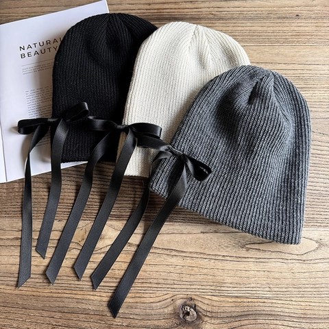 Berretto in Maglia di Acrilico da Donna Con Fiocco in Raso Nero Cappello Invernale Caldo Per Uso Quotidiano Stile Coreano
