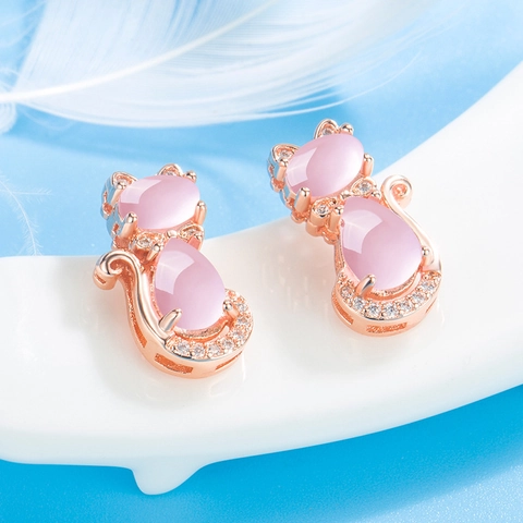 Rose Gold Plated Copper Pink Rose Quartz Cat Stud Earrings Cute Animal Rhinestone Inlaid Earrings For Women Jewelry Gift