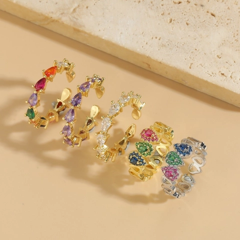 Anillo Abierto Ajustable Geométrico Cobre Chapado En Oro De 14K Circonita Cúbica Colorida Corazón Hueco Lujo Minimalista Para Mujeres