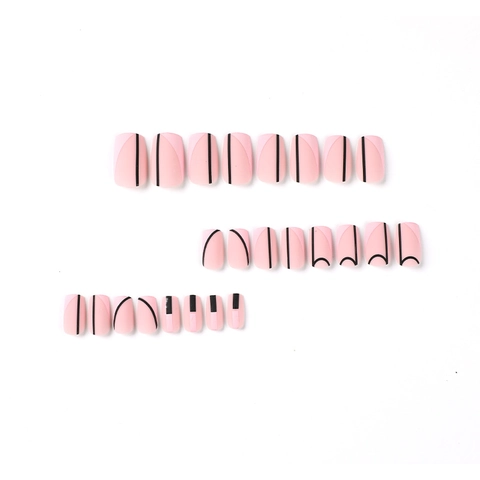 Unghie Finte Opache Rosa Linee Geometriche Nere Minimalista Francese Quadrato Artificiale Manicure Donne