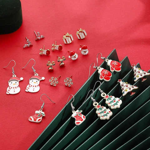 Boucles D'oreilles Noël Alliage Émail Strass Flocon De Neige Renne Père Noël Earring Post Bijoux Festifs Femmes
