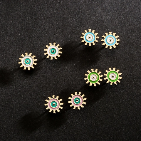 Evil Eye Stud Earrings Copper 18K Gold Plated Colorful Enamel Sunburst Gear Geometric Jewelry For Women