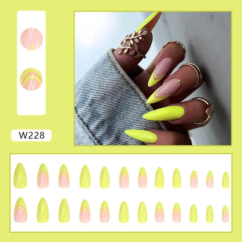 Unghie Finte A Pressione Giallo Neon Linea A V Lucide Forma Mandorla Contrasto Rosa Nude Unghie Artificiali Per Donne Manicure Fai Da Te