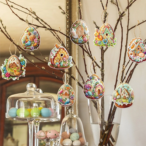 Ostern Hängende Ornamente Papieranhänger Lebkuchenhaus Hase Ei Muster Party Dekorationen DIY Handwerk