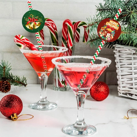 Christmas Paper Straws Red Green Striped Santa Snowman Decoration Festive Party Supplies Drinking Straws Decor