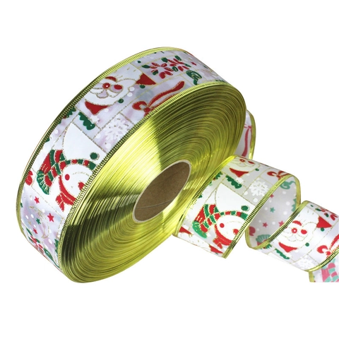 Ruban de Décoration de Noël Motif Père Noël Bonhomme de Neige Bord Doré Élégant Ruban Festif Pour Sapin de Noël Emballage Cadeau