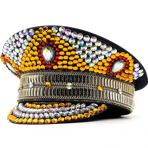 Gorra Militar De Capitán Con Diamantes De Imitación Y Cadena De Metal Dorado Accesorios De Disfraces Para Fiestas Rave