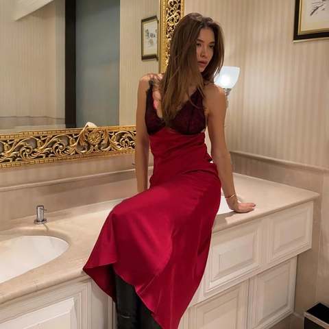 Vestito Lungo In Raso Da Donna Bordo In Pizzo Scollo A V Senza Maniche Schiena Scoperta Sexy Elegante Festa Sera