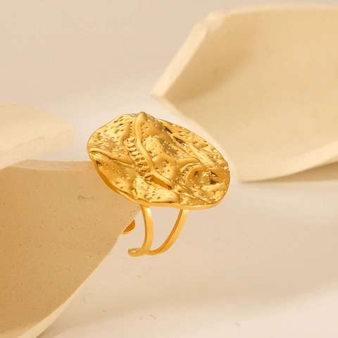 Hammered Texture Ring 18K Gold Plated Stainless Steel Irregular Round Lava Open Adjustable Exaggerated Minimalist For Women