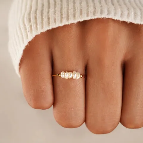 Minimalistischer Edelstahl Süßwasserperlen Ring Für Damen 18K Gold Silber Plattiert Eleganter Inlaid Fünf Perlen Fingerring Schmuck